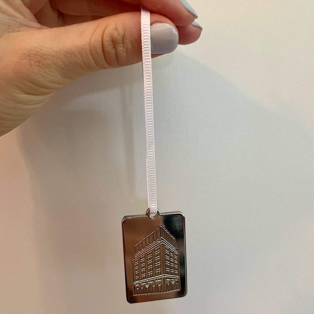 Tiffany & Co. Silver 727 Fifth Avenue Landmark Charm Pendant with White Ribbon